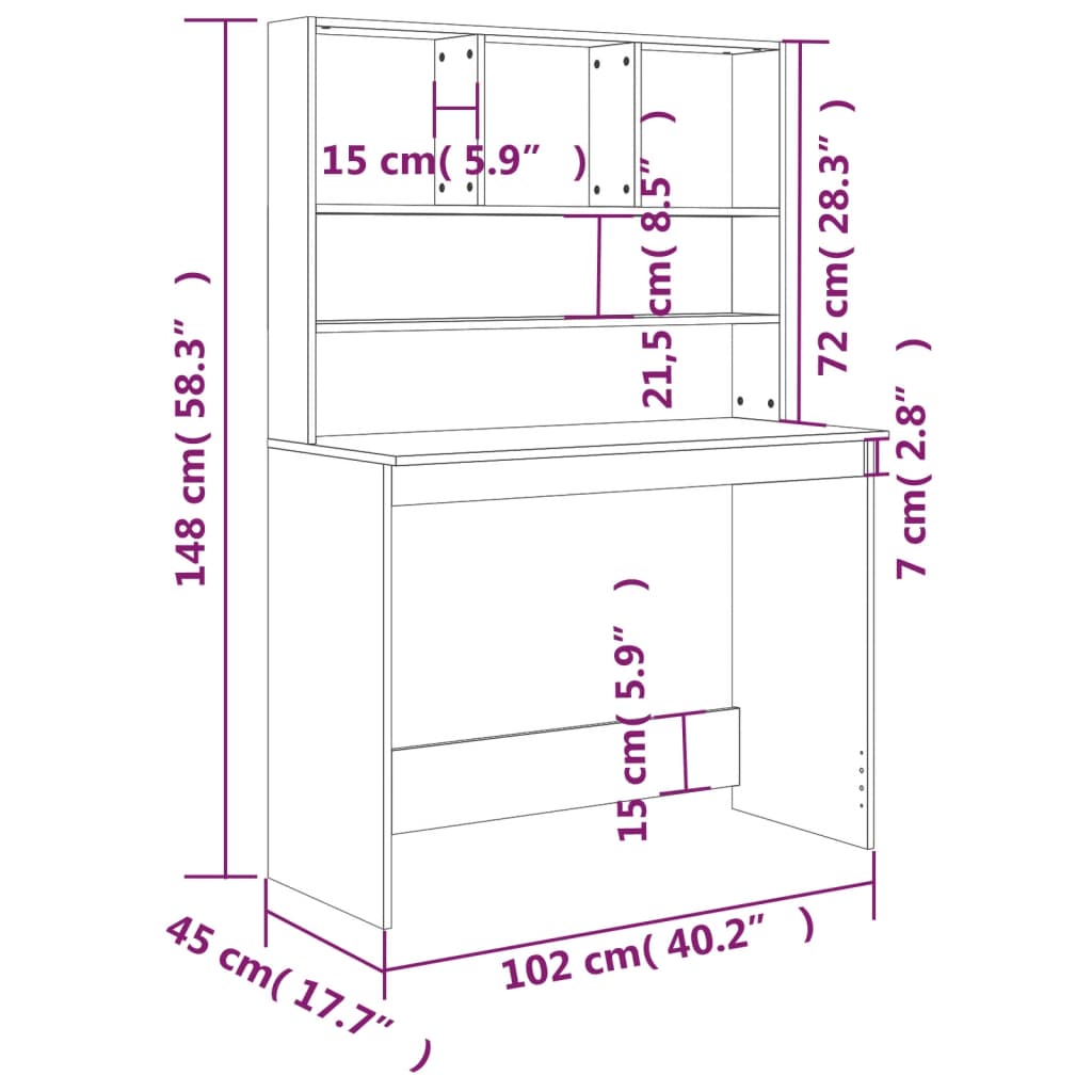 Radni stol s policama siva boja hrasta 102 x 45 x 148 cm drveni