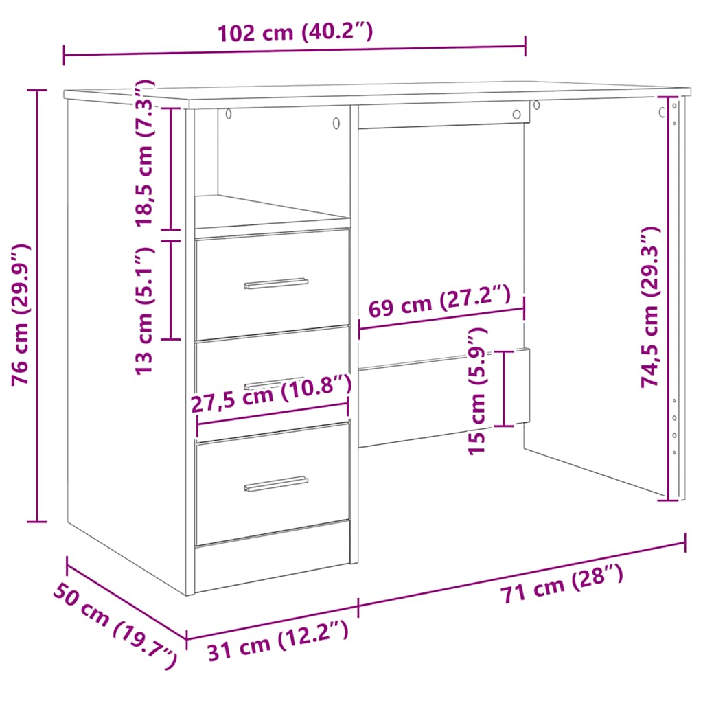 Radni stol s ladicama crni 102 x 50 x 76 cm konstruirano drvo