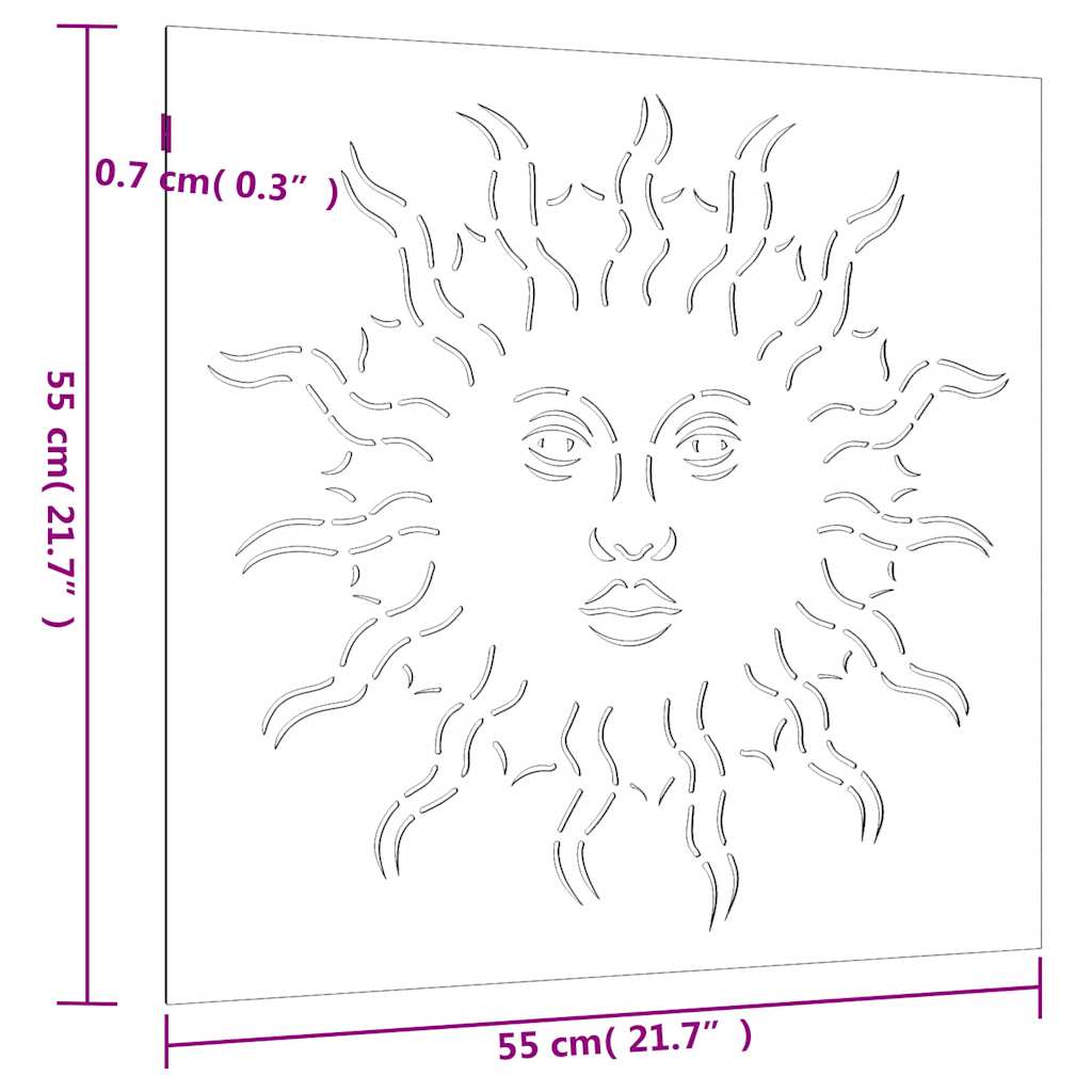 Vrtni zidni ukras 55 x 55 cm od čelika COR-TEN s uzorkom sunca