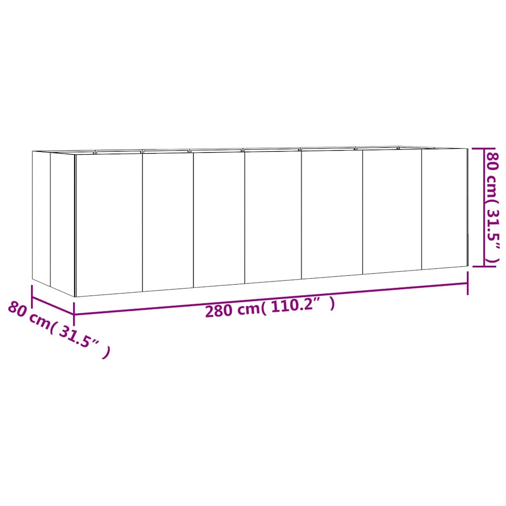Povišena vrtna gredica 280 x 80 x 80 cm od čelika COR-TEN