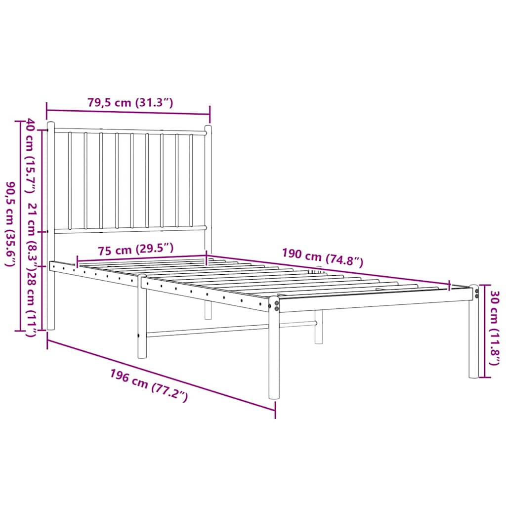 Metalni okvir za krevet s uzglavljem crni 75x190 cm