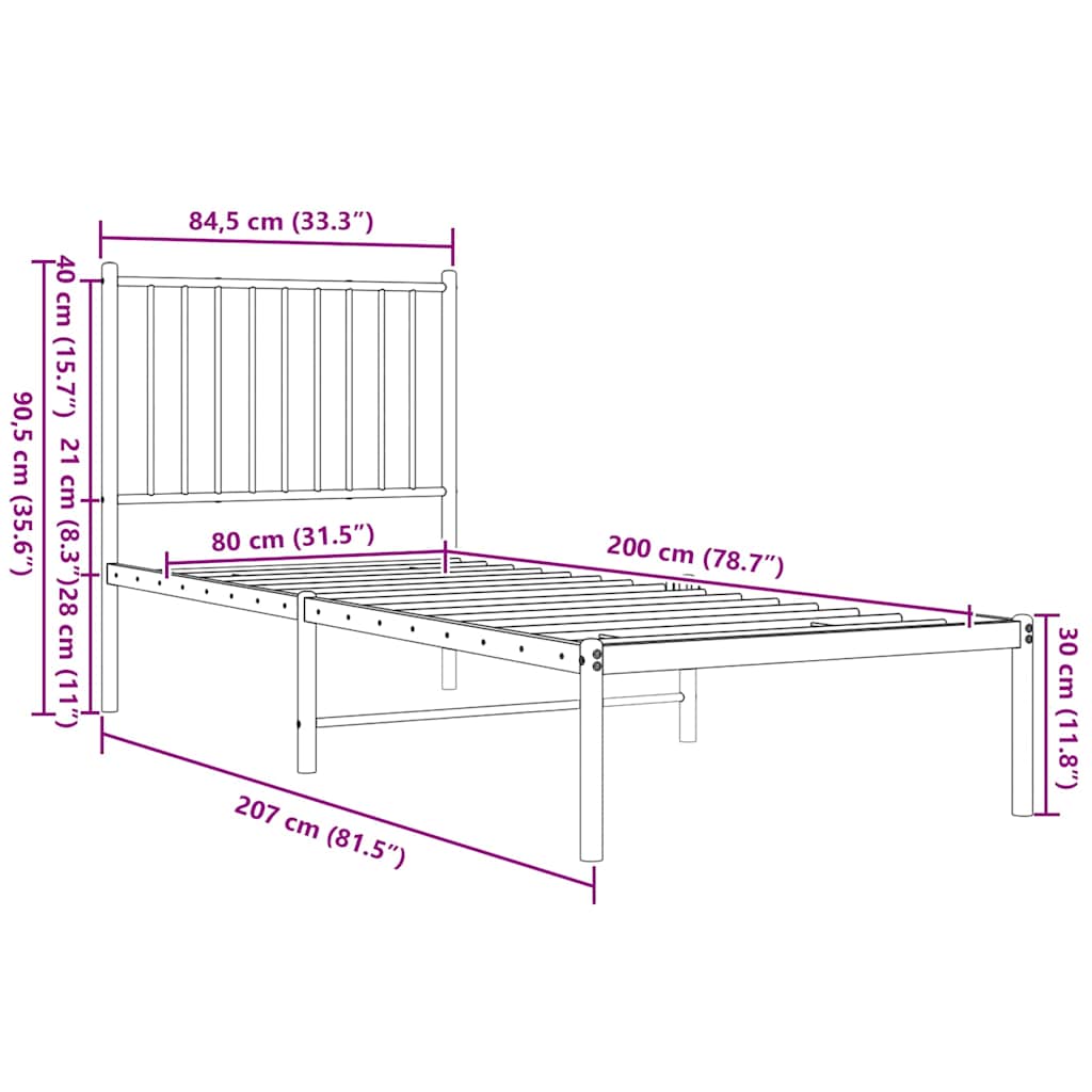 Metalni okvir za krevet s uzglavljem crni 80x200 cm
