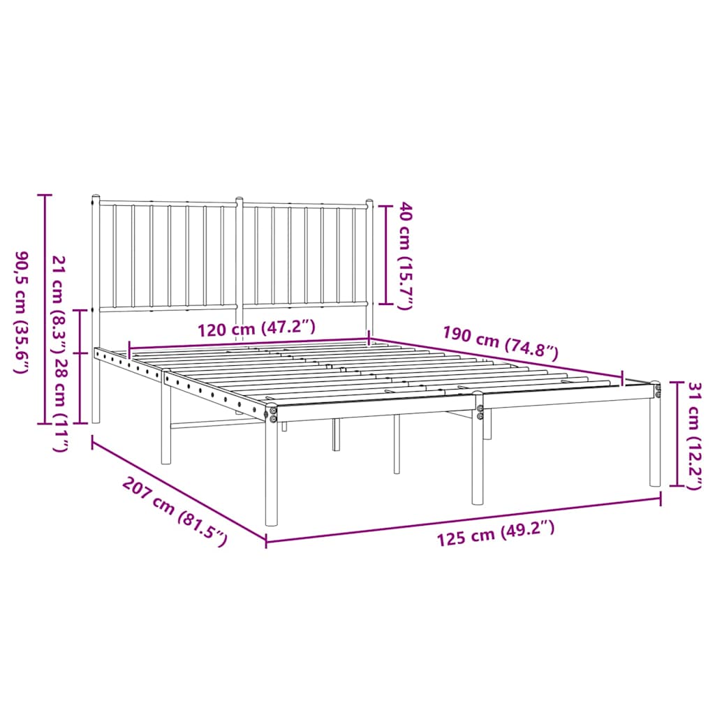 Metalni okvir za krevet s uzglavljem crni 120x190 cm