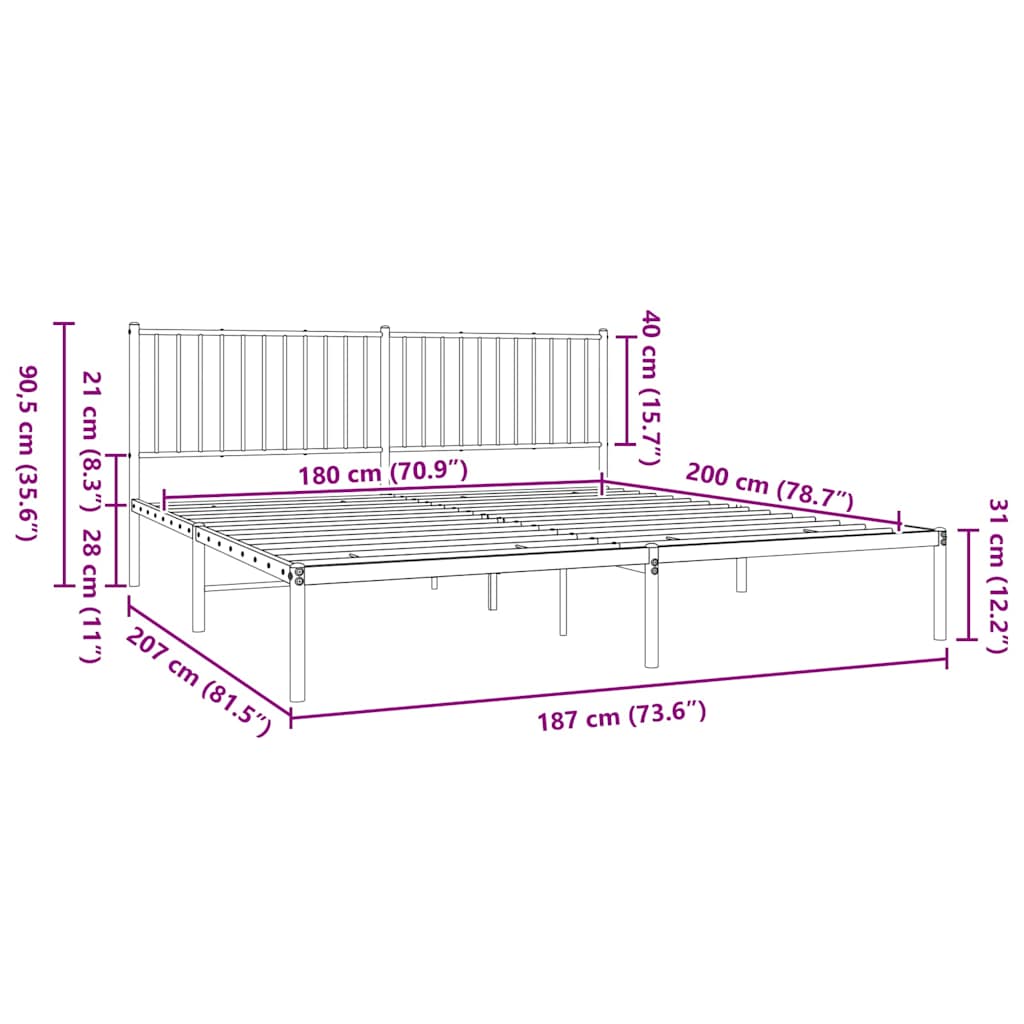 Metalni okvir za krevet s uzglavljem crni 180x200 cm