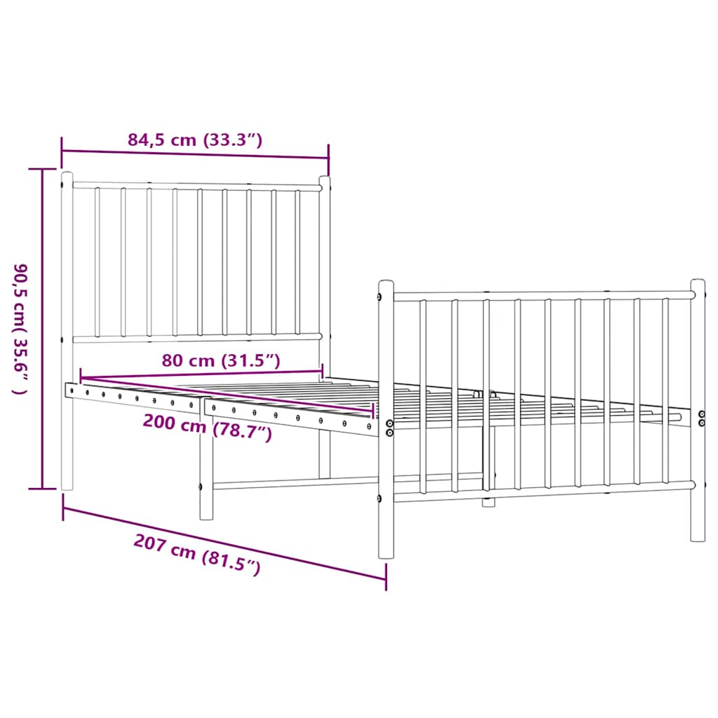 Metalni okvir kreveta uzglavlje i podnožje crni 80x200 cm