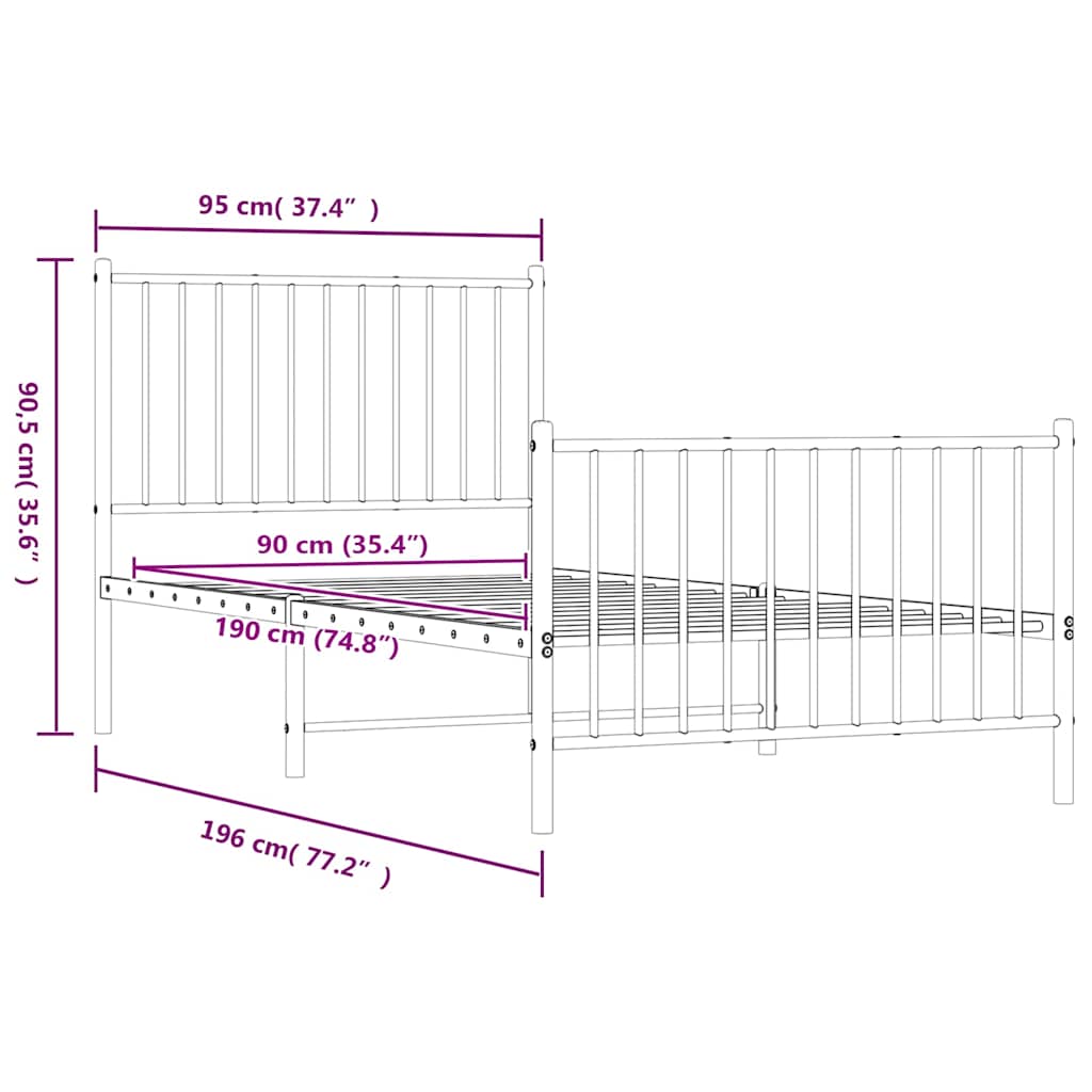 Metalni okvir kreveta uzglavlje i podnožje crni 90x190 cm