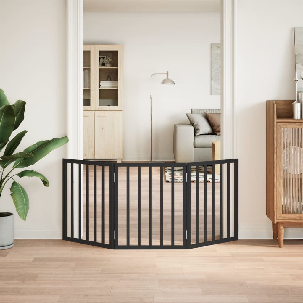 Vrata za pse s 3 panela sklopiva crna 150 cm od drva topole