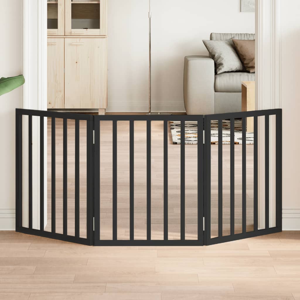 Vrata za pse s 3 panela sklopiva crna 150 cm od drva topole