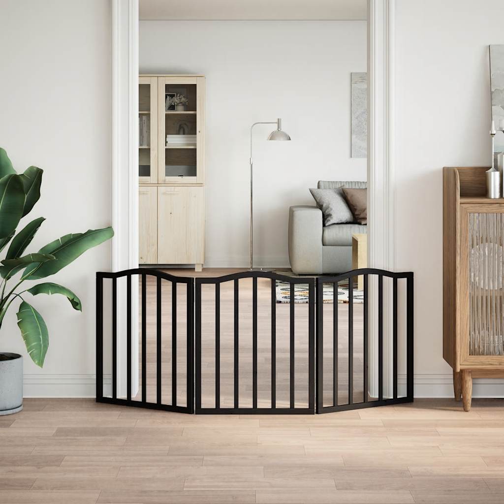 Vrata za pse s 3 panela sklopiva crna 150 cm od drva topole