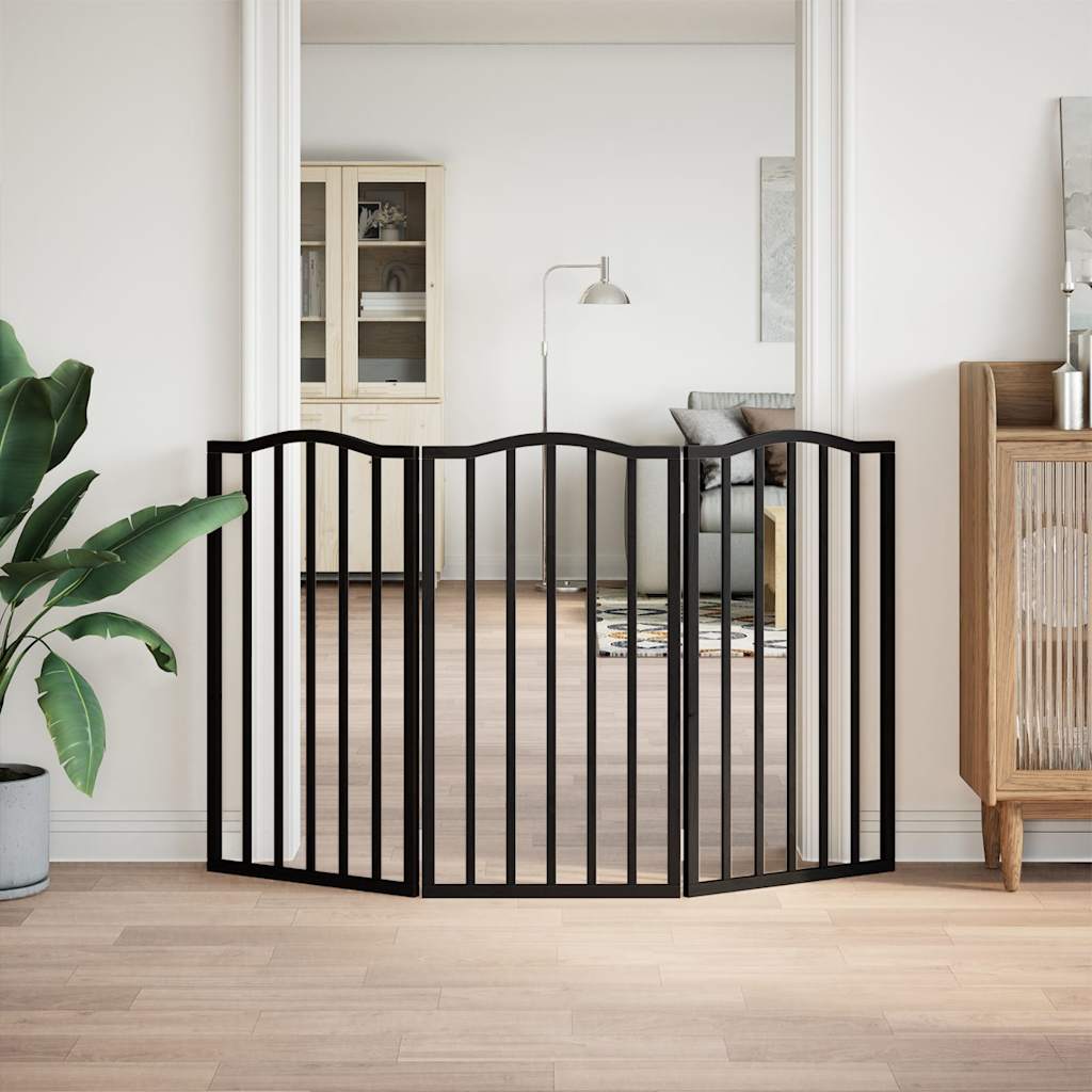 Vrata za pse s 3 panela sklopiva crna 150 cm od drva topole