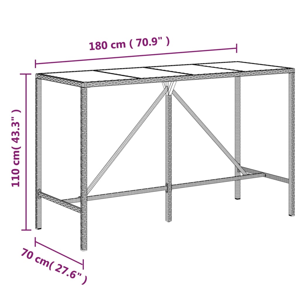 Barski stol sa staklenom pločom sivi 180x70x110 cm poliratan