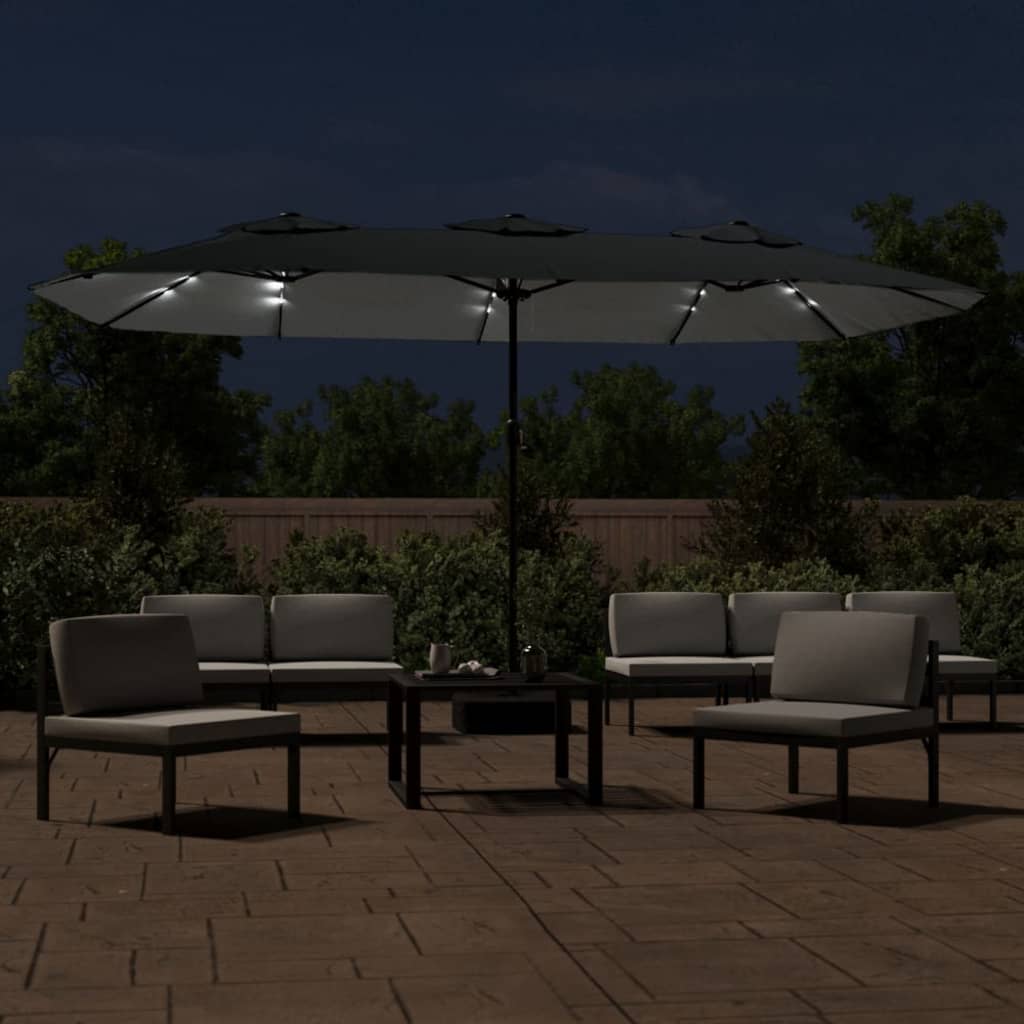 Dvostruki vrtni suncobran s LED svjetlima antracit 449 x 265 cm