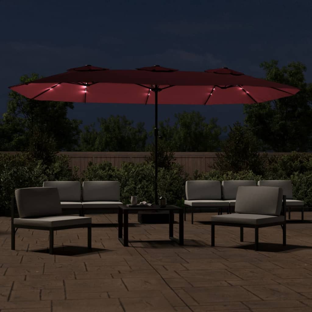 Dvostruki vrtni suncobran s LED svjetlima bordo 449 x 265 cm