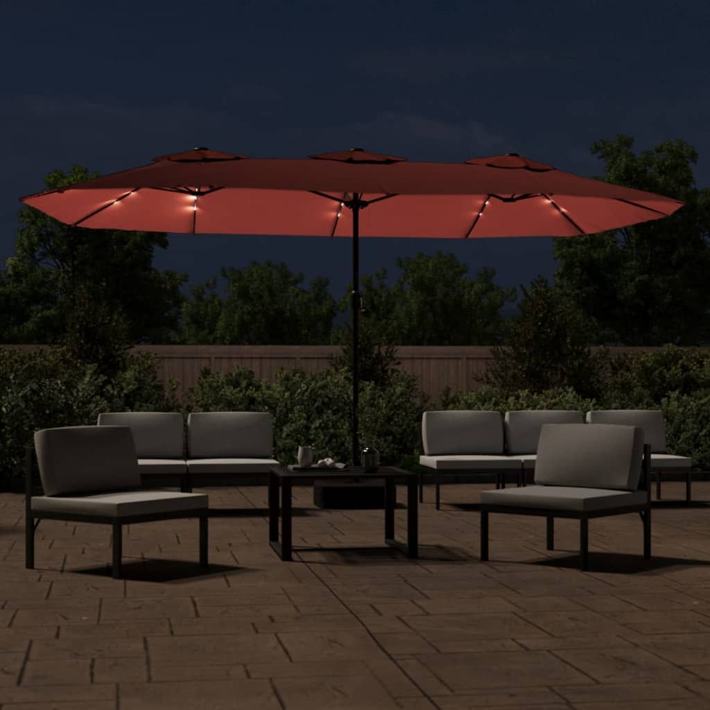 Dvostruki vrtni suncobran s LED svjetlima terakota 449 x 265 cm