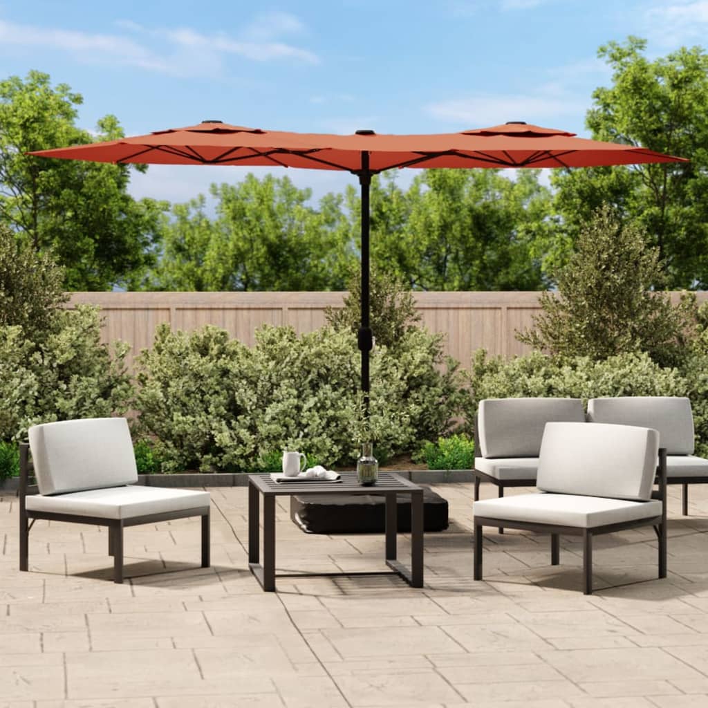 Dvostruki vrtni suncobran s LED svjetlima terakota 316 x 145 cm