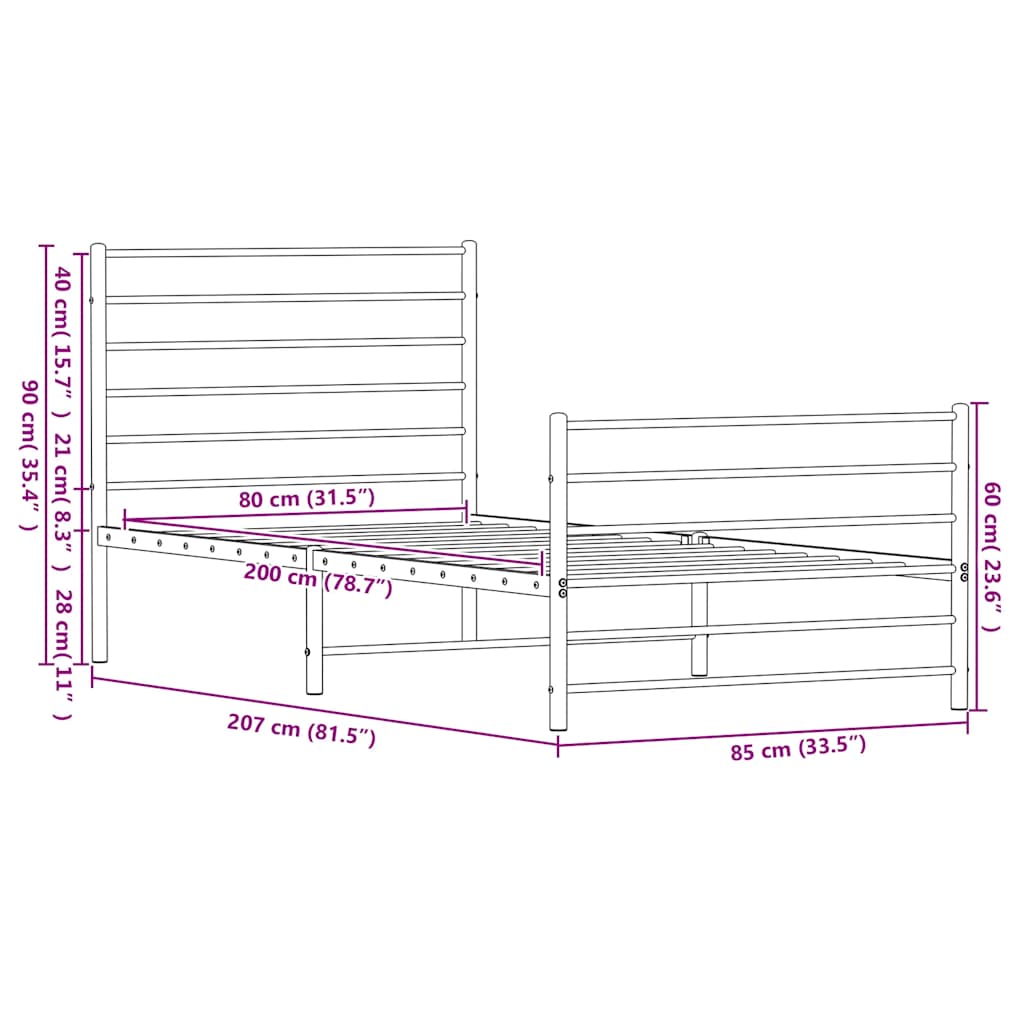 Metalni okvir kreveta uzglavlje i podnožje crni 80x200 cm