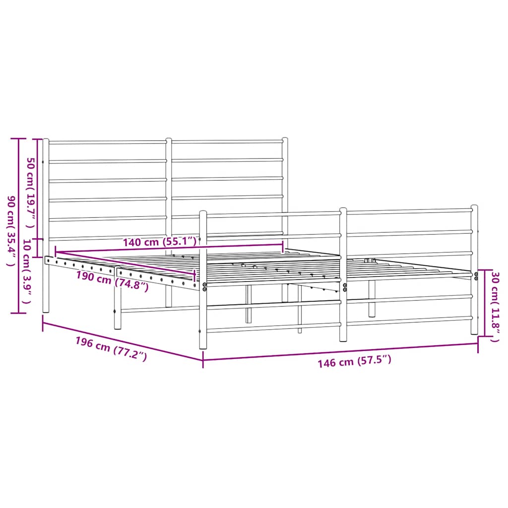 Metalni okvir kreveta uzglavlje i podnožje crni 140x190 cm