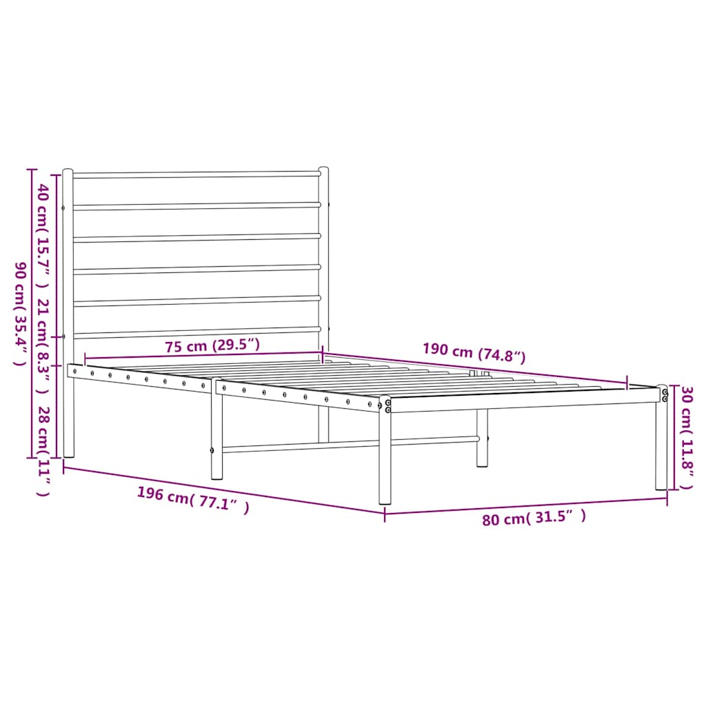 Metalni okvir krevet bez madraca s uzglavljem bijeli 75x190 cm
