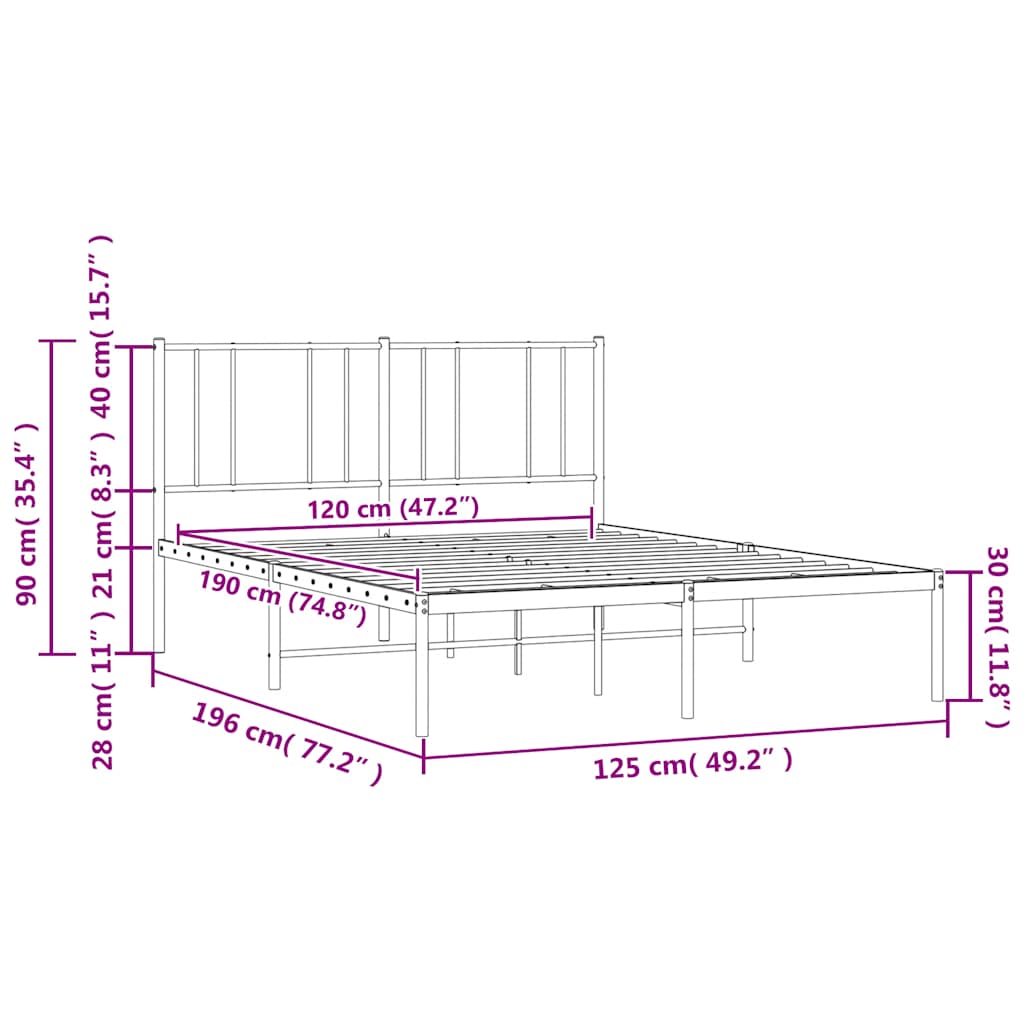 Metalni okvir za krevet s uzglavljem crni 120x190 cm