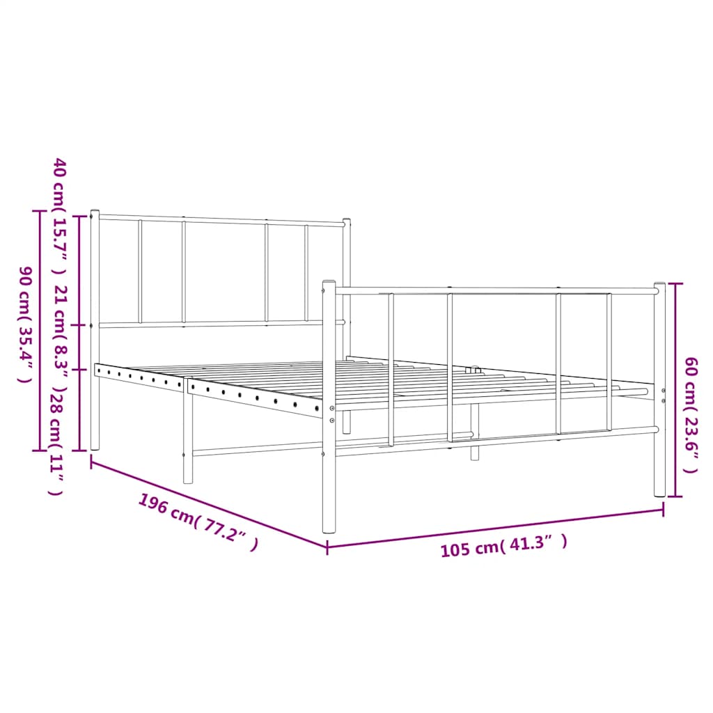 Metalni okvir kreveta uzglavlje i podnožje crni 100x190 cm