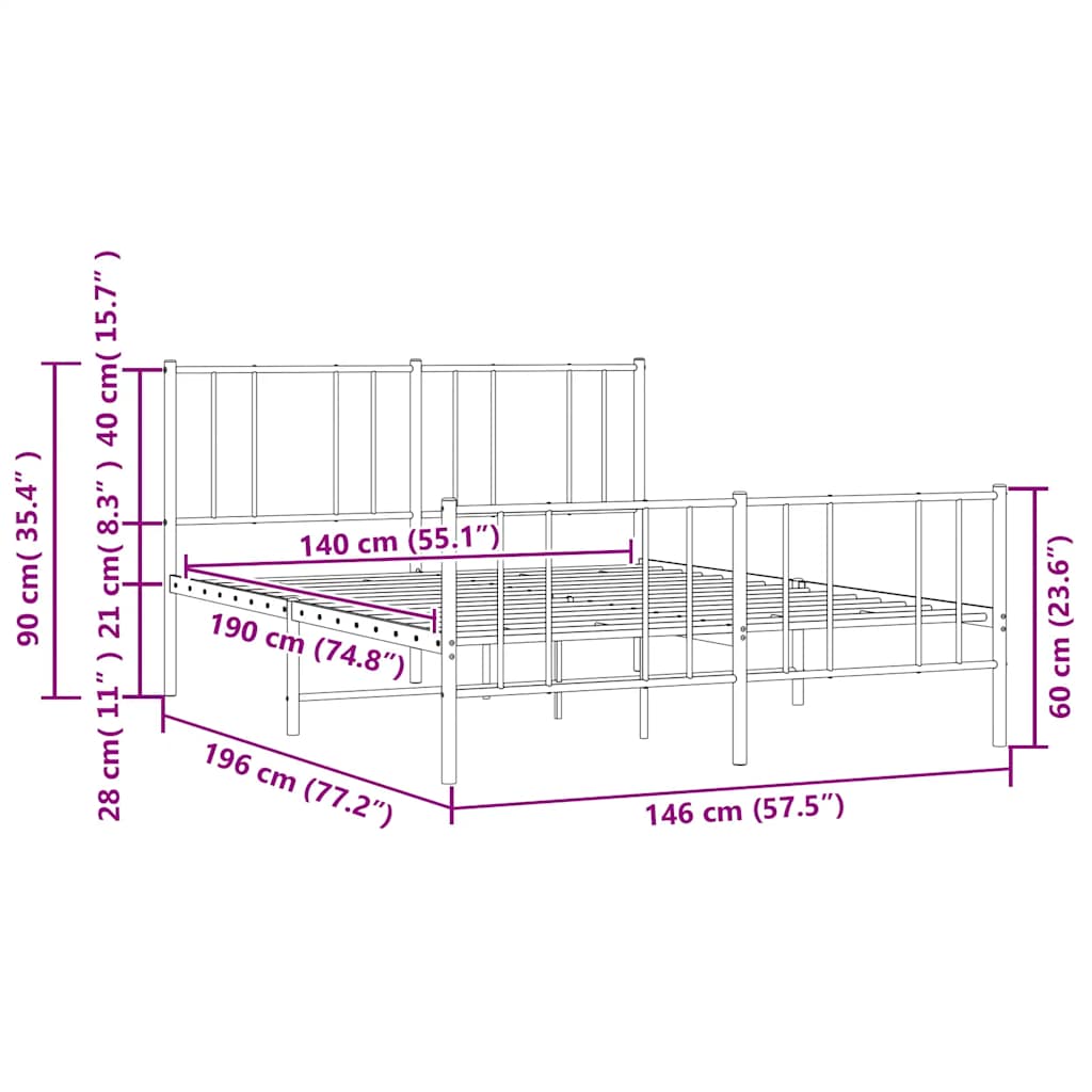 Metalni okvir kreveta uzglavlje i podnožje bijeli 140 x 190 cm