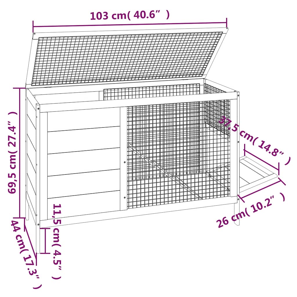 Kavez za zečeve sivi 103 x 44 x 69,5 cm od masivne borovine