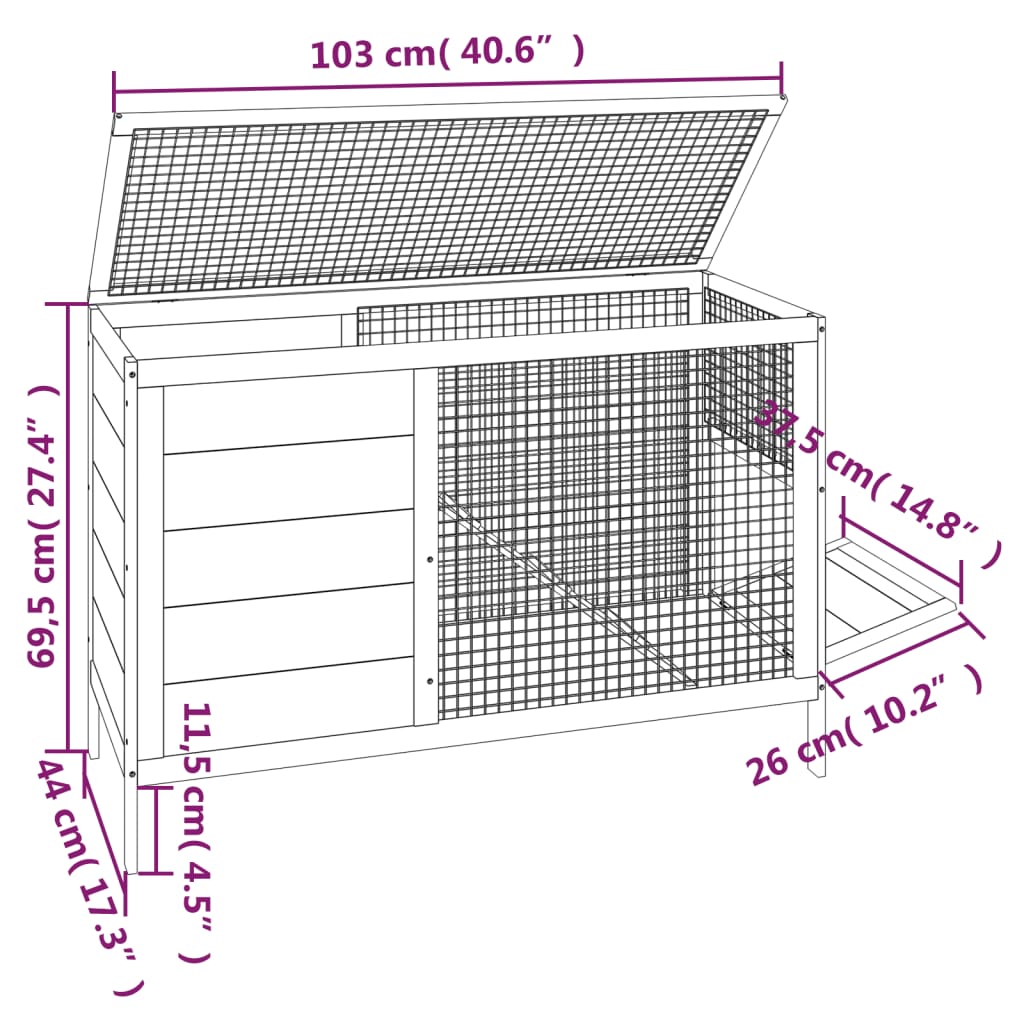 Kavez za zečeve boja kave 103 x 44 x 69,5 cm masivna borovina