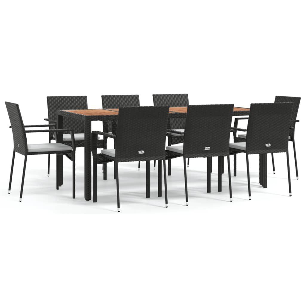 9-dijelni vrtni blagovaonski set s jastucima crni od poliratana Crna Dužina stola 190 cm