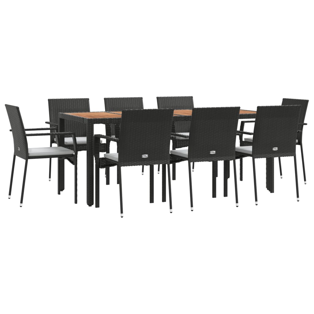 9-dijelni vrtni blagovaonski set s jastucima crni od poliratana Crna Dužina stola 190 cm