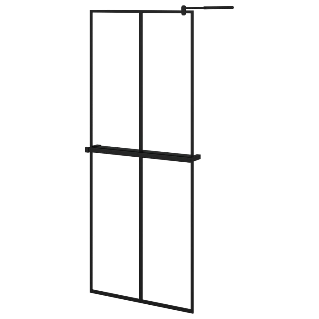 Pregrada za tuš s policom crna 80 x 195 cm s mutnim staklom ESG