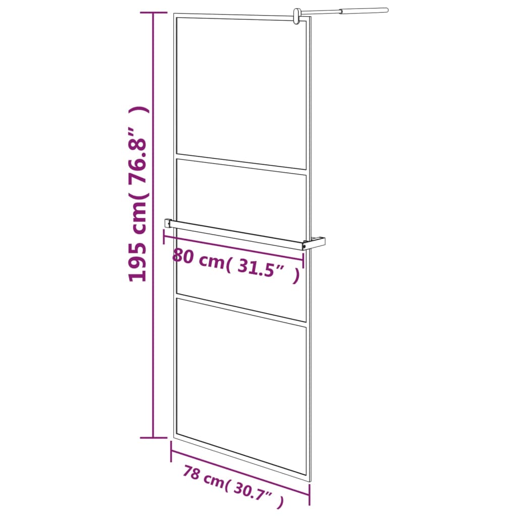 Pregrada za tuš s policom crna 80 x 195 cm s mutnim staklom ESG