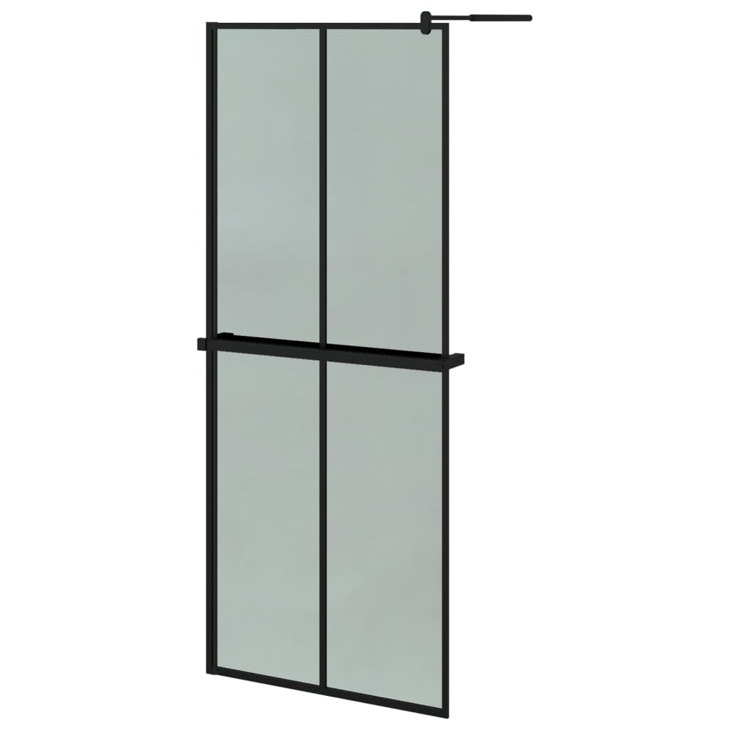 Pregrada za tuš s policom crna 80 x 195 cm s mutnim staklom ESG