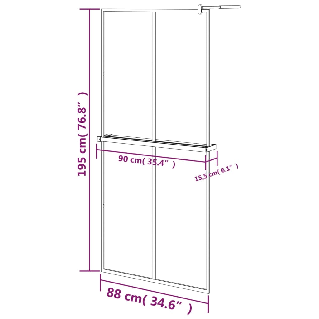Pregrada za tuš s policom crna 90x195 cm staklo ESG i aluminij