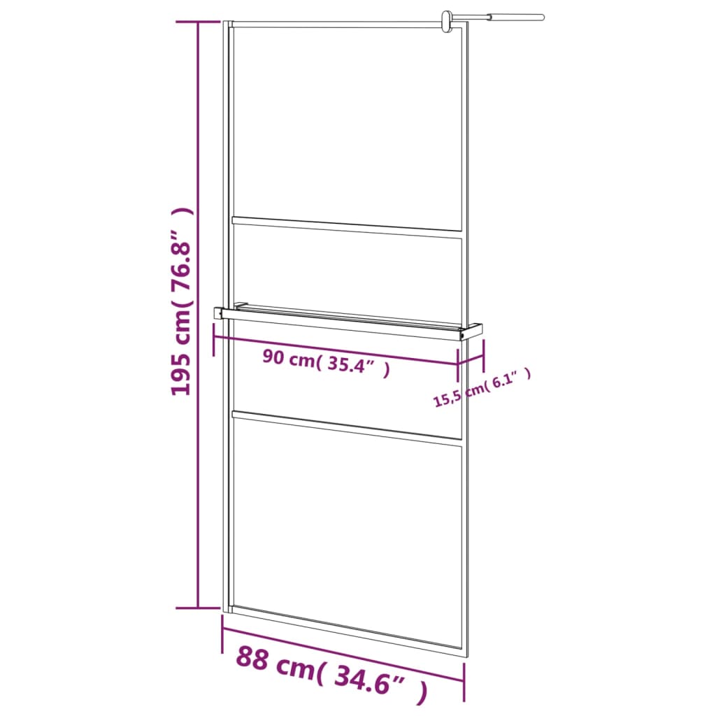 Pregrada za tuš s policom crna 90x195 cm staklo ESG i aluminij