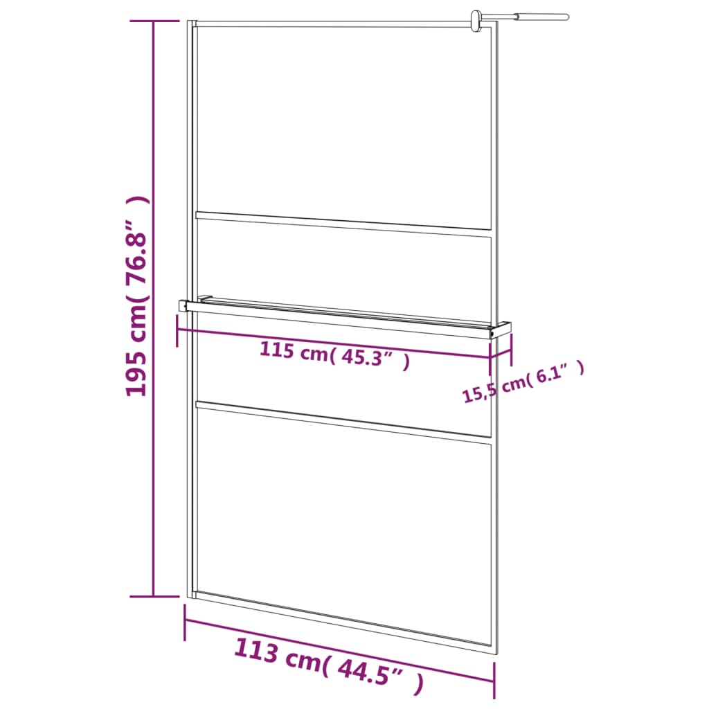 Pregrada za tuš s policom crna 115x195 cm staklo ESG i aluminij