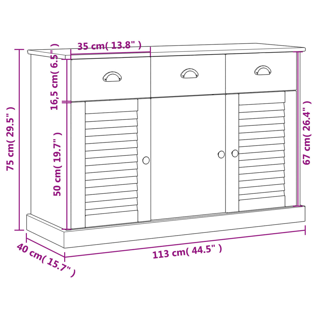 Komoda s ladicama VIGO 113x40x75 cm bijela od masivne borovine