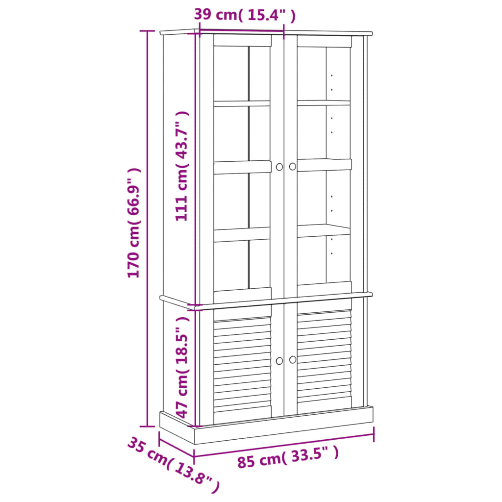 Vitrina sa staklom VIGO 85 x 35 x 170 cm od masivne borovine
