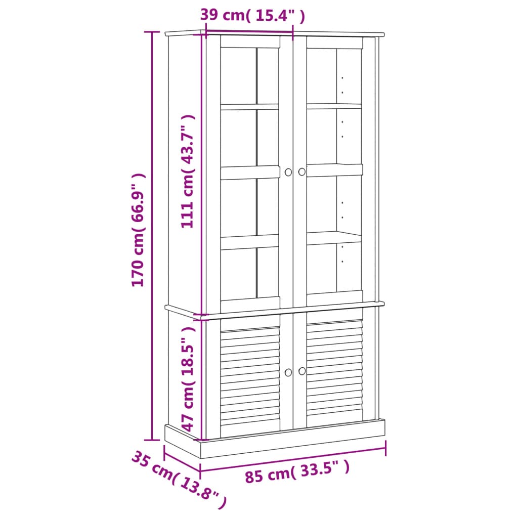 Vitrina sa staklom VIGO siva 85x35x170 cm od masivne borovine