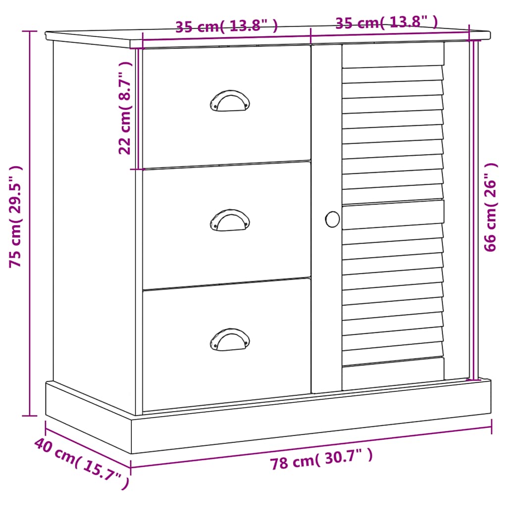 Komoda s ladicama VIGO 78x40x75 cm bijela od masivne borovine