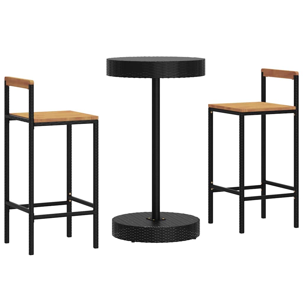 3-dijelni vrtni barski set crni od poliratana i drva bagrema