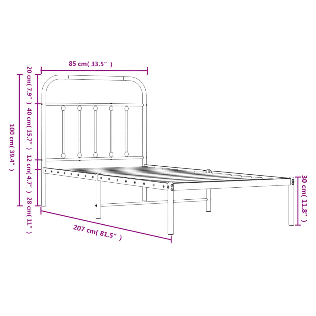 Metalni okvir za krevet s uzglavljem crni 80x200 cm