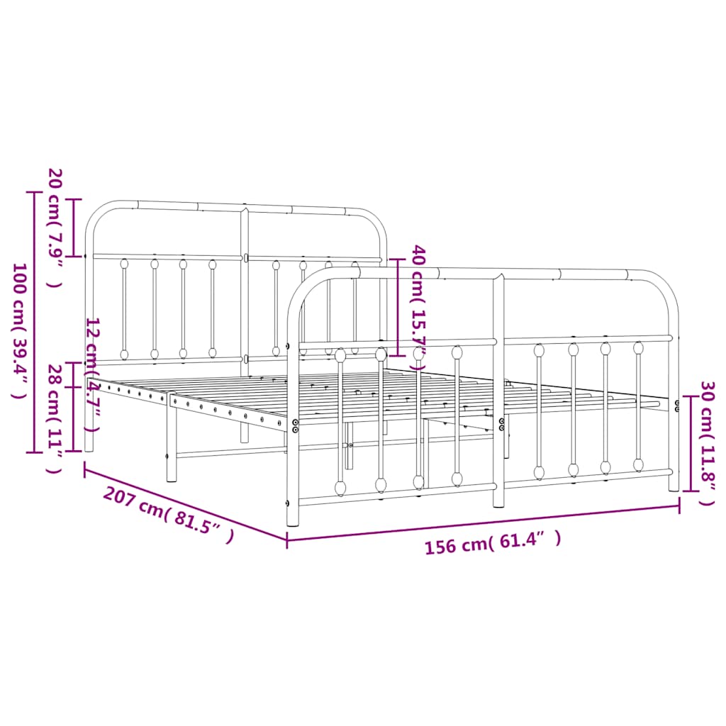 Metalni okvir kreveta uzglavlje i podnožje crni 150x200 cm