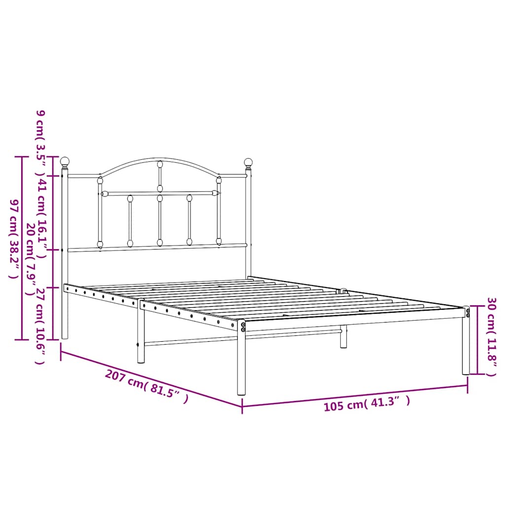Metalni okvir za krevet s uzglavljem crni 100x200 cm