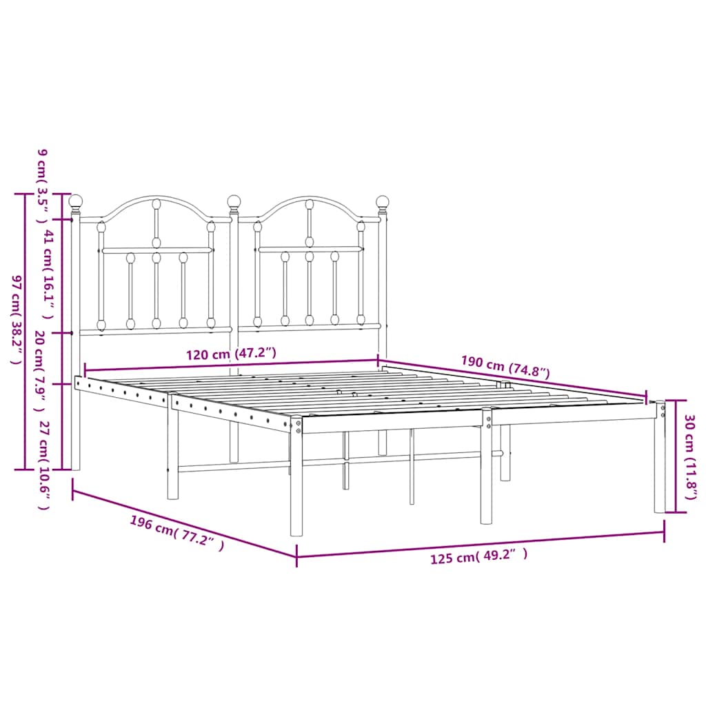 Metalni okvir za krevet s uzglavljem crni 120x190 cm