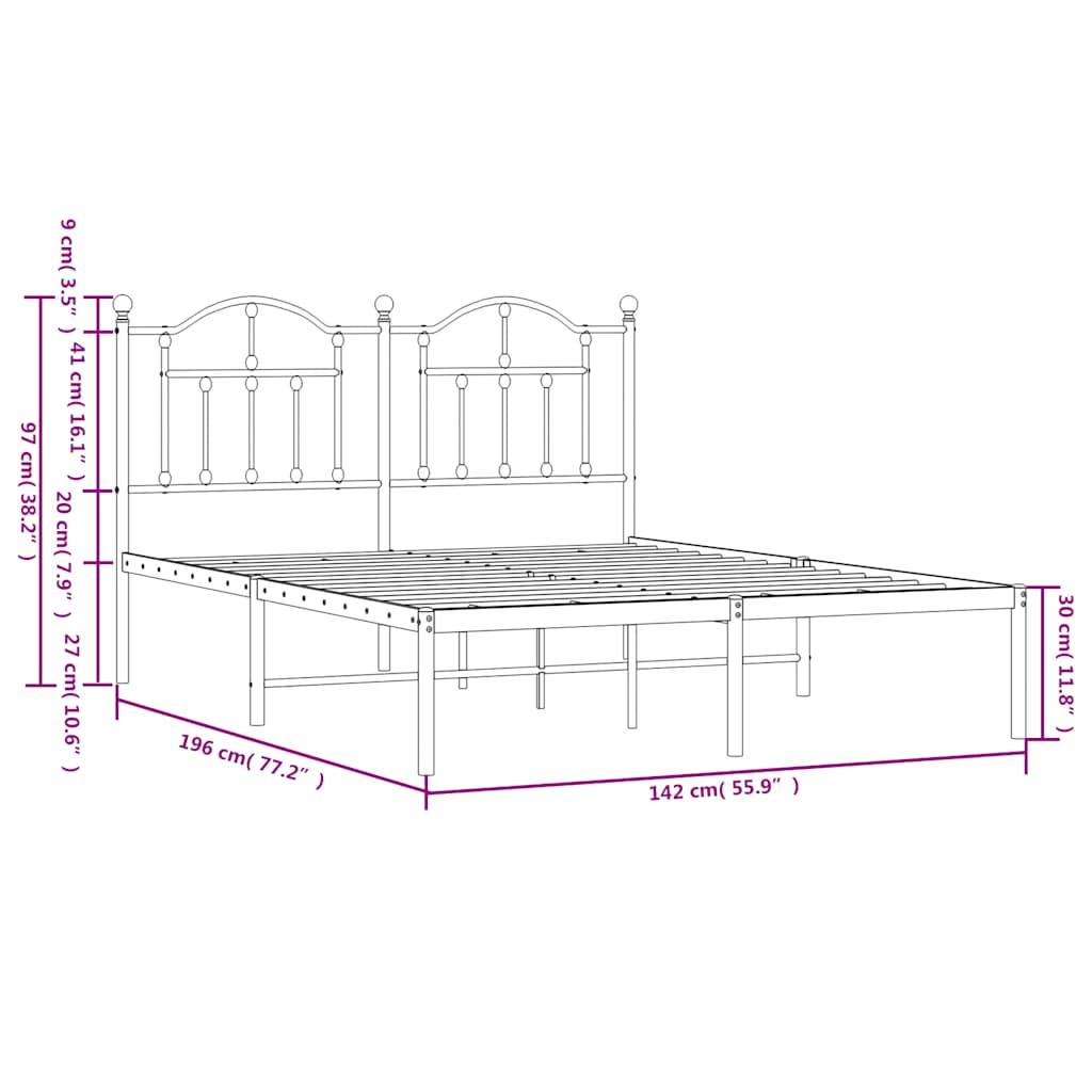 Metalni okvir za krevet s uzglavljem crni 135x190 cm