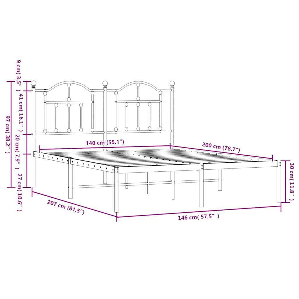 Metalni okvir za krevet s uzglavljem crni 140x200 cm