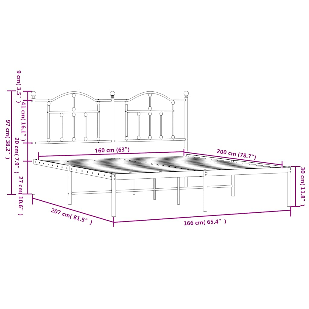 Metalni okvir za krevet s uzglavljem crni 160x200 cm