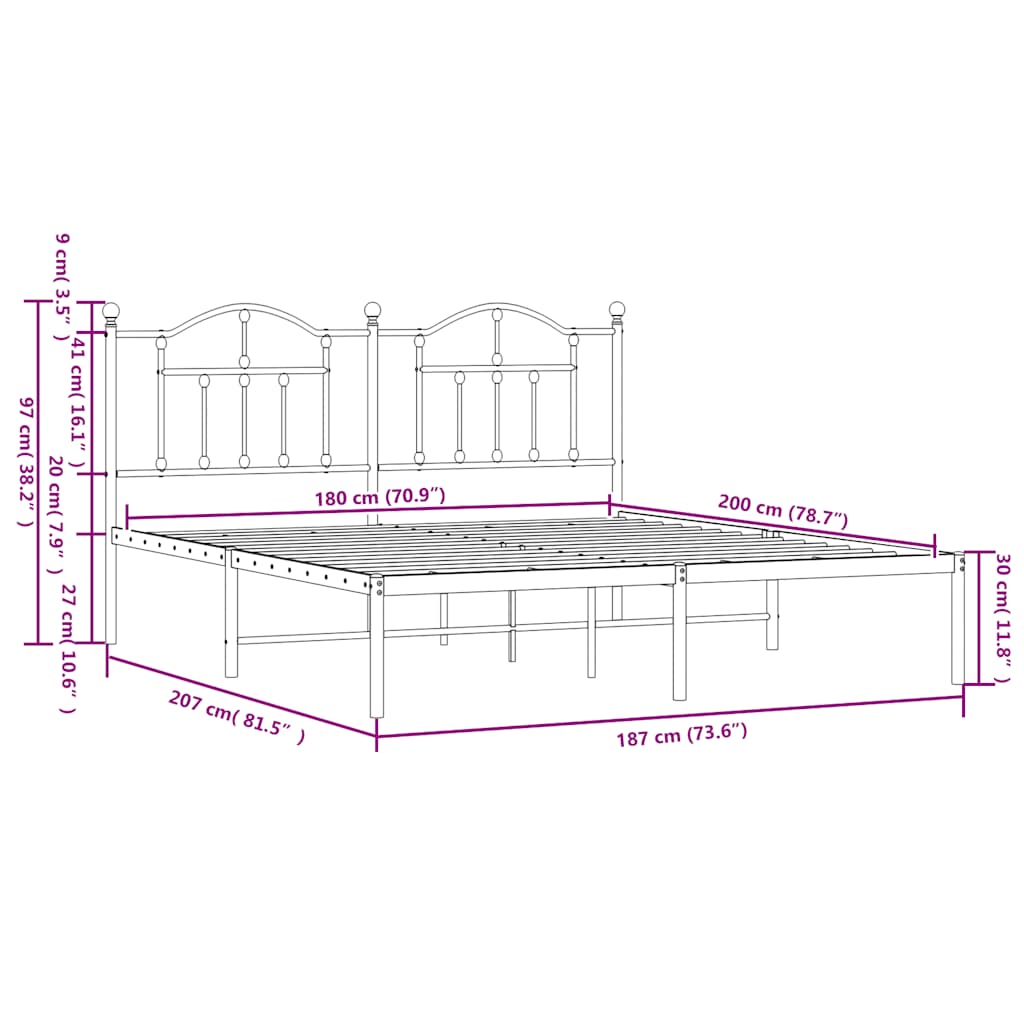 Metalni okvir za krevet s uzglavljem crni 180x200 cm
