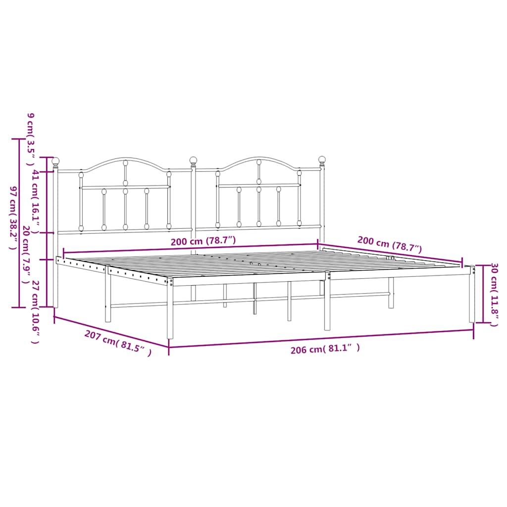 Metalni okvir za krevet s uzglavljem crni 200x200 cm