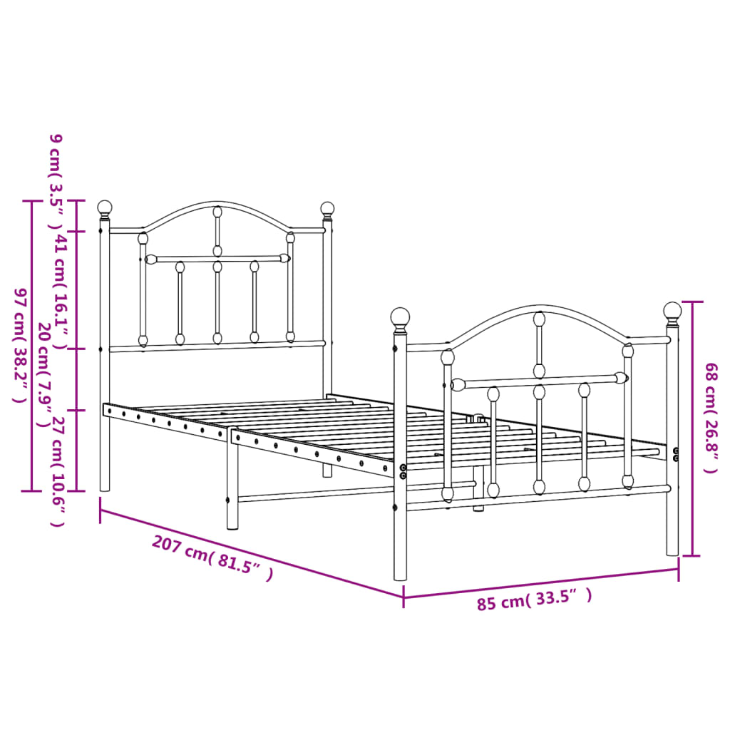Metalni okvir kreveta uzglavlje i podnožje crni 80x200 cm